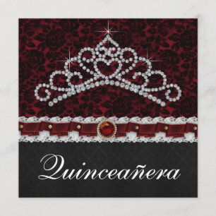 Invitation Diadème damassé rouge noir Quinceanera rouge noir