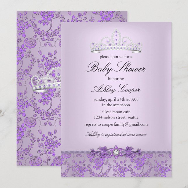 Invitation Diadème de Baby Shower Purple Princess (Devant / Derrière)
