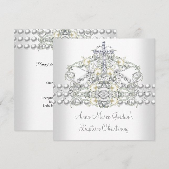 Invitation Diadème de baptême argent perle blanche diamant (Devant / Derrière)