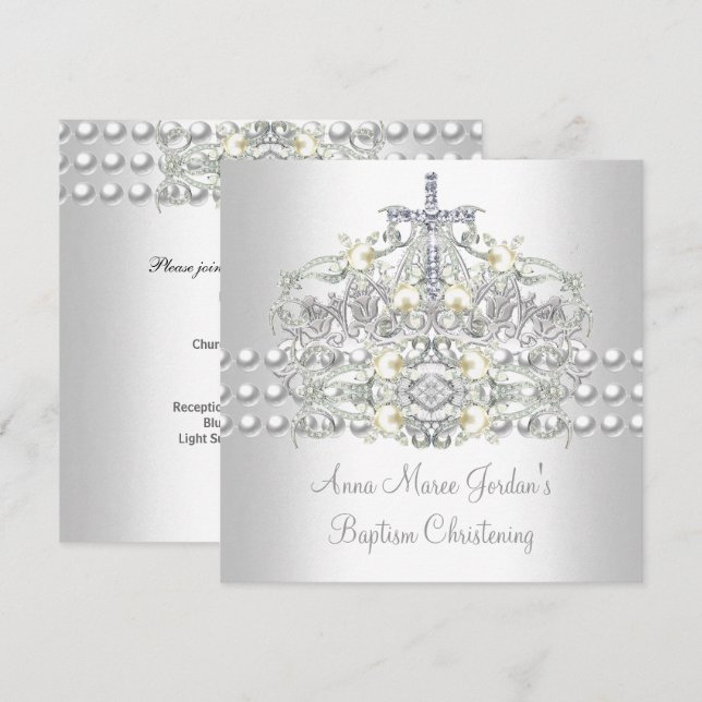 Invitation Diadème de baptême argent perle blanche diamant (Devant / Derrière)