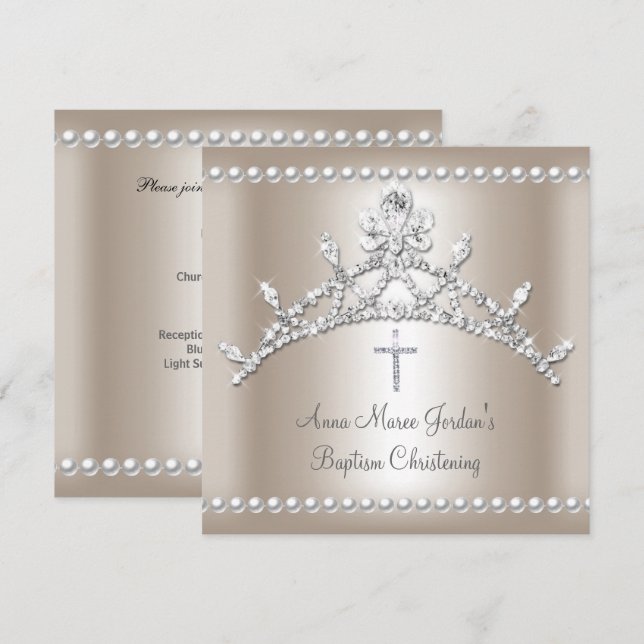 Invitation Diadème de baptême perle blanche diamant argent se (Devant / Derrière)