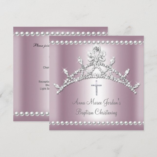 Invitation Diadème de baptême rose argent perle blanche diama (Devant / Derrière)