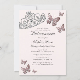 Invitation Diadème de bijou rose blush papillon Quinceanera 
