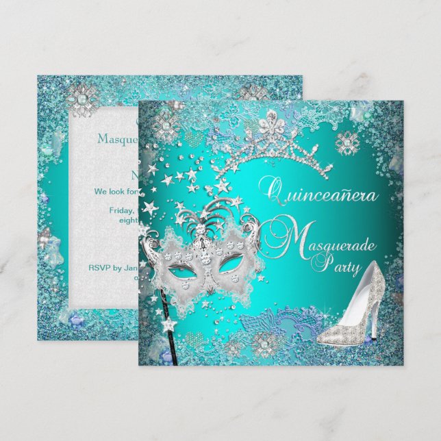 Invitation Diadème de chaussure de Teal Masquerade Quinceaner (Devant / Derrière)
