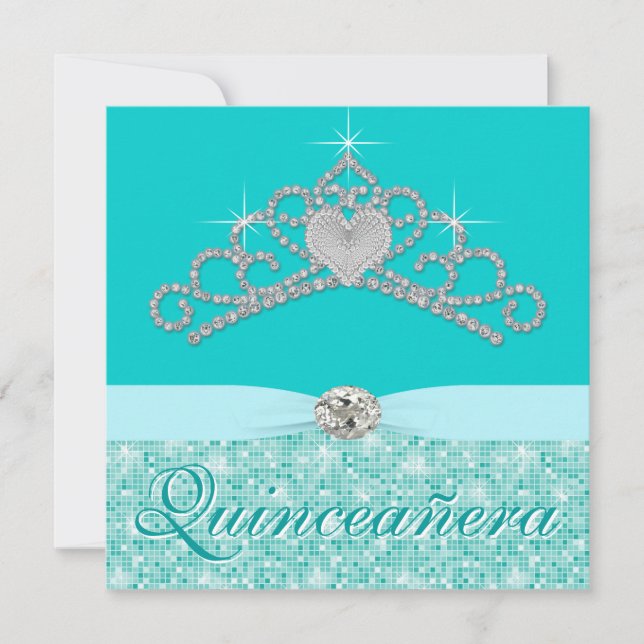 Invitation Diadème de diamant bleu sarcelle bleu Quincenera (Devant)