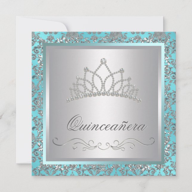 Invitation Diadème de diamant bleu sarcelle damas bleu sarcel (Devant)
