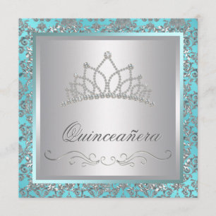 Invitation Diadème de diamant bleu sarcelle damas bleu sarcel