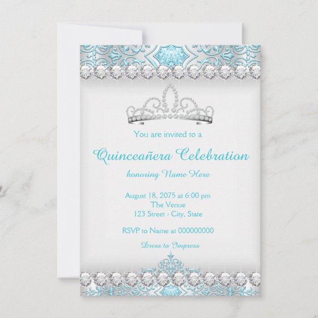 Invitation Diadème de diamant bleu sarcelle Princesse Quincea (Devant)