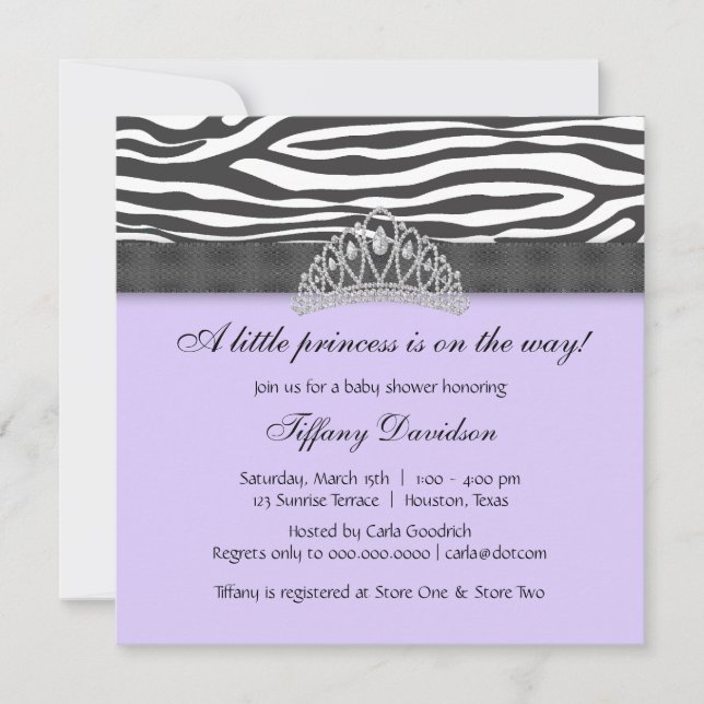 Invitation Diadème de diamant Zèbre Violet Princesse Baby Sho (Devant)