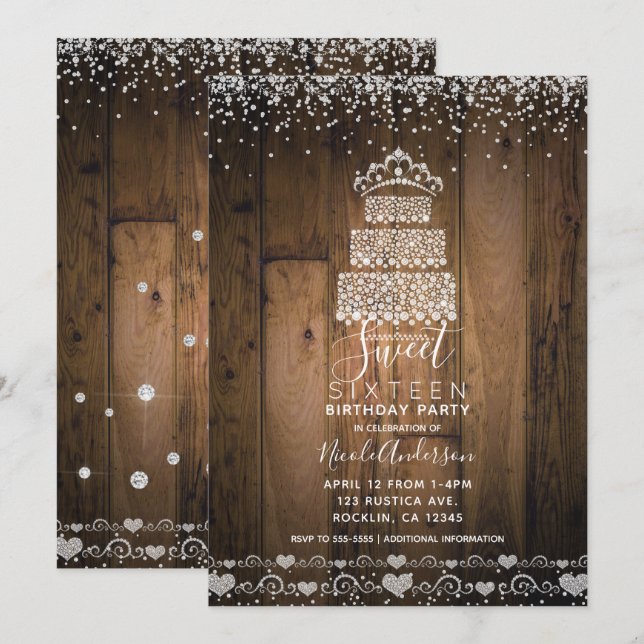 Invitation Diadème de gâteau Bling Diamant Glam pour fête Swe (Devant / Derrière)