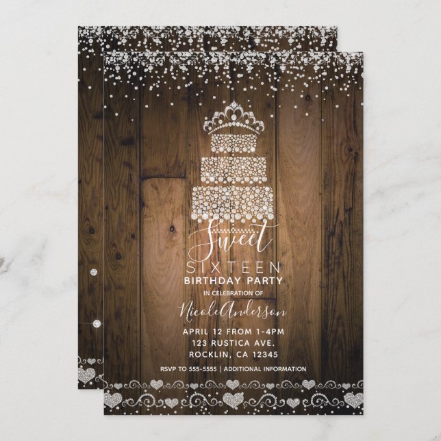 Invitation Diadème de gâteau Glam Diamond Bling en bois pour  (Devant / Derrière)