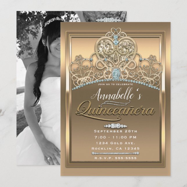 Invitation Diadème de princesse en or pour Quinceañera Photo  (Devant / Derrière)