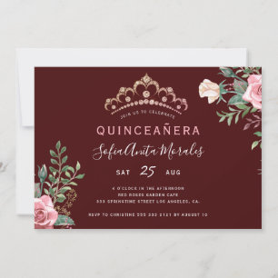 Invitation Diadème de princesse florale élégante burgundy Qui
