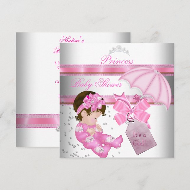 Invitation Diadème de Princesse Rose et Blanc pour Baby Showe (Devant / Derrière)