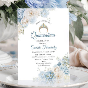 Invitation Diadème de Quinceañera Bleu Poussiéreux Roses Aqua