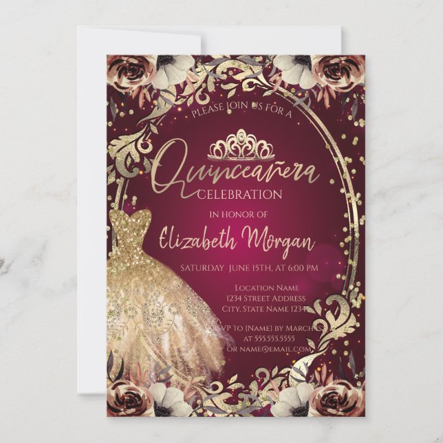 Invitation Diadème de robe, fleurs encadrées, Quinceañera bor (Devant)
