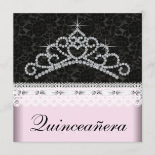Invitation Diadème Diamant Rose Noir Sweet 15 Quinceanera