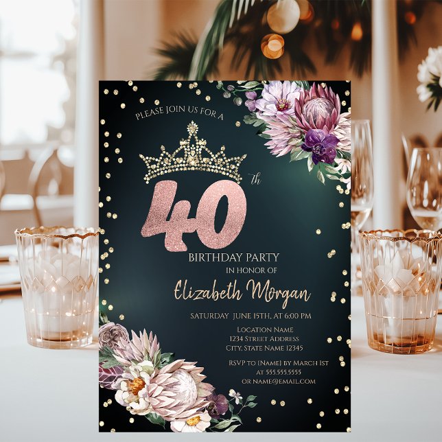 Invitation Diadème Diamants Fleurs Tropicales Vert 40ème (Créateur téléchargé)