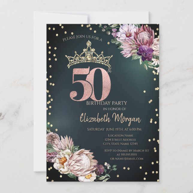 Invitation Diadème Diamants Fleurs Tropicales Vert 50ème (Devant)