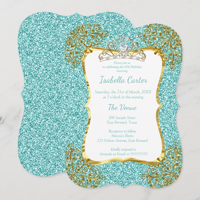 Invitation Diadème Doré Blanc Fête d'Anniversaire Paillettes  (Devant / Derrière)