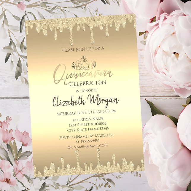 Invitation Diadème doré chic, Glitter Drips Or Quinceañera   (Créateur téléchargé)