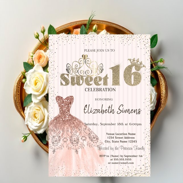 Invitation Diadème doré,Confettis,Robe,Début de 16 ans rayé (Créateur téléchargé)