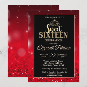 Invitation Diadème élégant, Bokeh de paillettes rouges Sweet 
