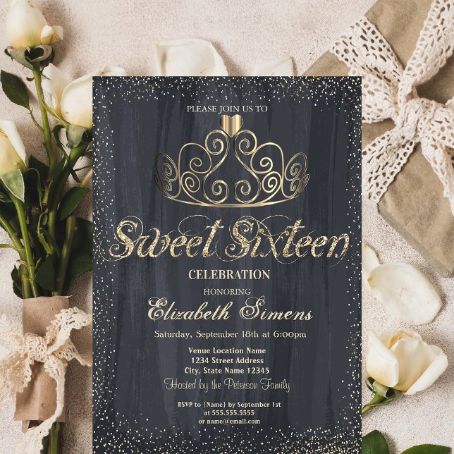 Invitation Diadème élégant en or Confetti Princesse Douce 16  (Créateur téléchargé)