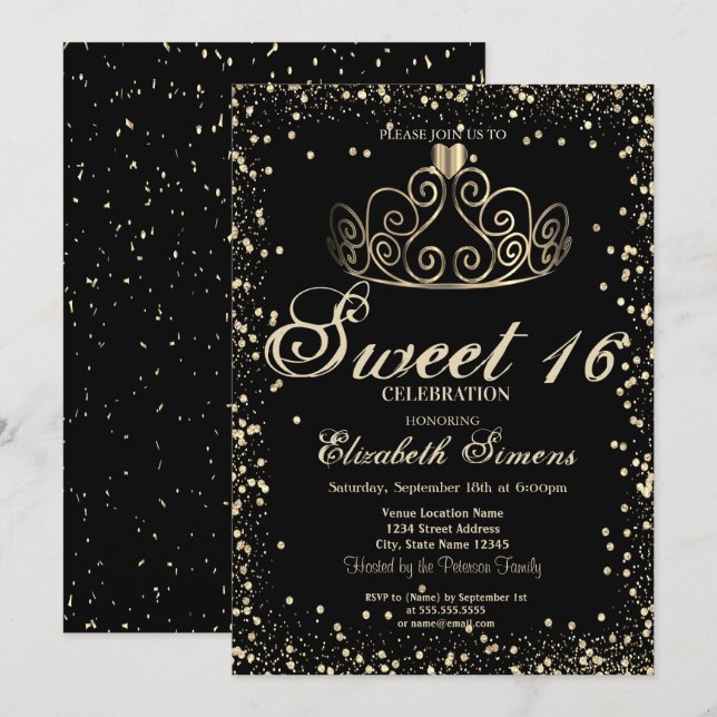 Invitation Diadème élégant en or confettis diamants Sweet 16 (Devant / Derrière)
