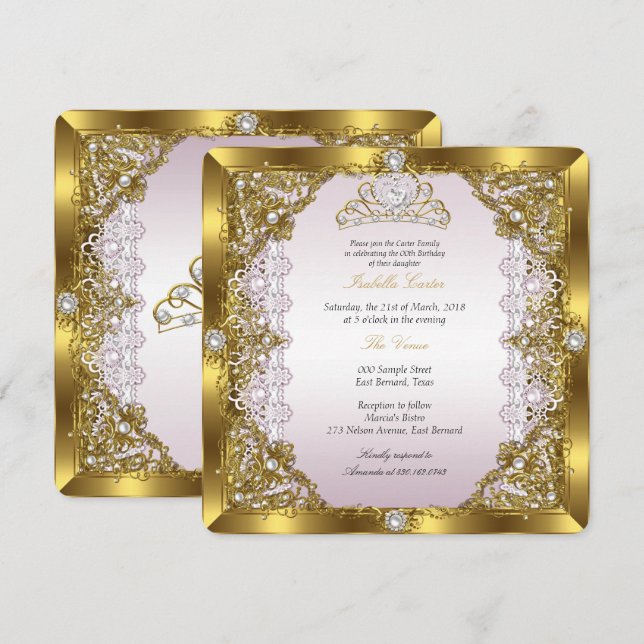 Invitation Diadème en dentelle de perles rose or pour soirée  (Devant / Derrière)