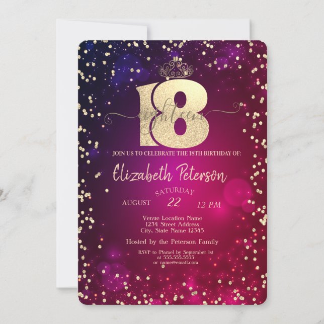 Invitation Diadème en or chic, diamants pour fête d'anniversa (Devant)