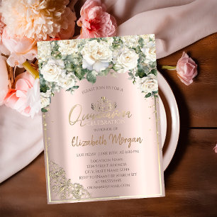 Invitation Diadème en or chic, Roses blanches Diamants Quince