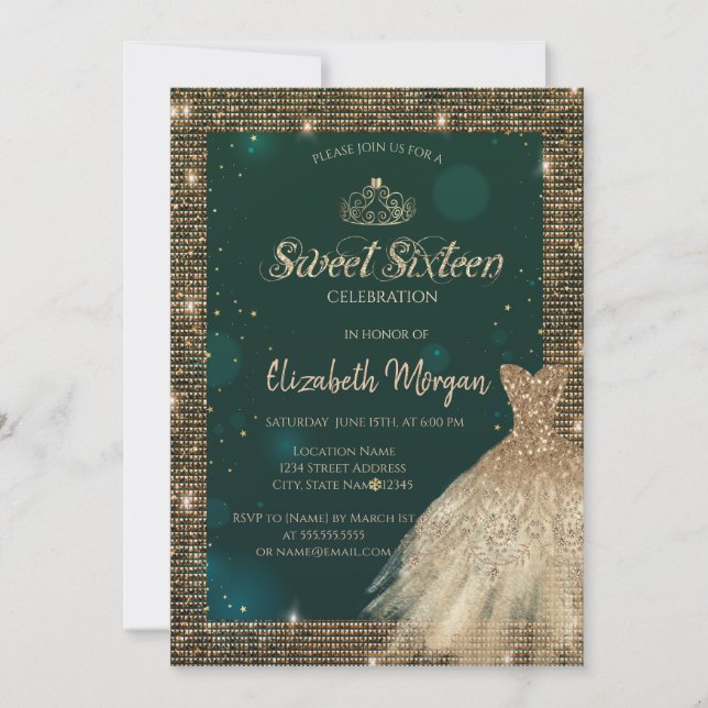 Invitation Diadème en or vert chic, Diamants, 16 ans douceur (Devant)