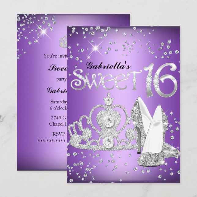 Invitation Diadème et talons à paillettes violettes Invitatio (Devant / Derrière)
