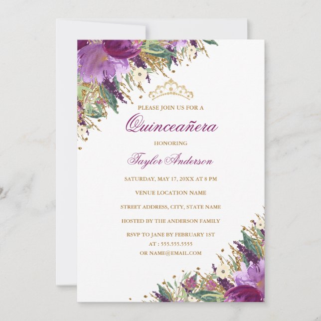 Invitation Diadème Étincelant Améthyste Fleurs Violettes Quin (Devant)