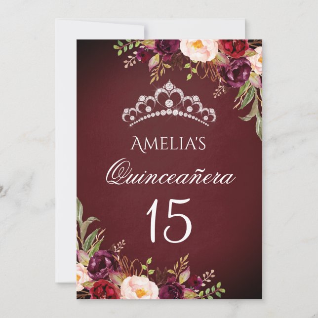 Invitation Diadème Étincelant Argent Burgundy Floral Quincean (Devant)