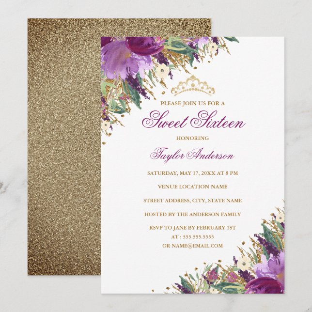 Invitation Diadème Étincelle Améthyste Fleur Violet Douze Ans (Devant / Derrière)