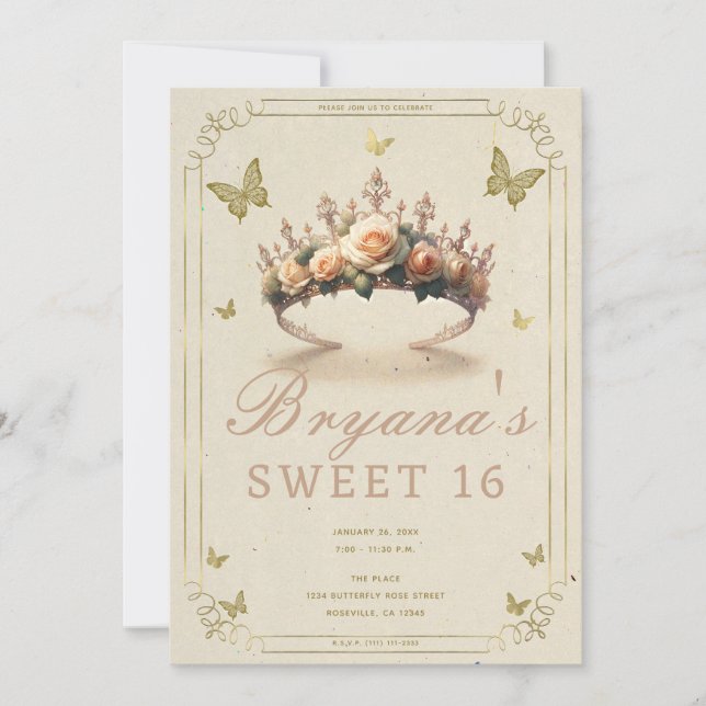 Invitation Diadème Fleur Rose & Papillons Dorés Sweet 16 (Devant)