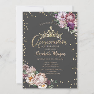 Invitation Diadème Fleurs Tropicales Diamants Gris Quinceañer
