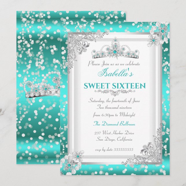 Invitation Diadème flocon de neige argent bleu sarcelle Sweet (Devant / Derrière)