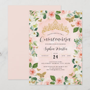 Invitation Diadème Floral en Or Rose Papillon Quinceanera