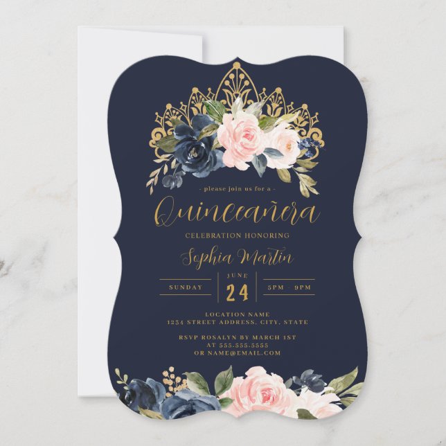 Invitation Diadème floral marine rose Quinceanera  (Devant)