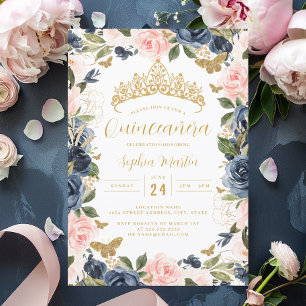 Invitation Diadème floral or rose marine Papillon Quinceanera
