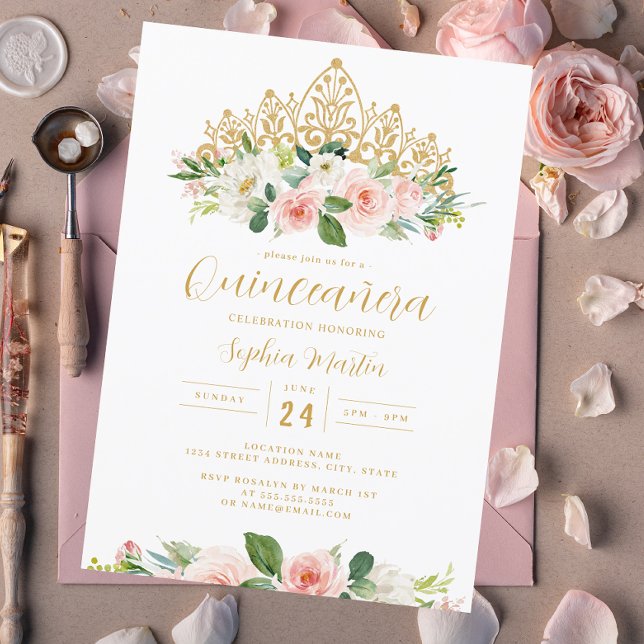 Invitation Diadème Floral Rose Doré Quinceanera  (Créateur téléchargé)