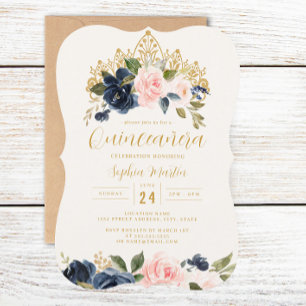 Invitation Diadème floral rose Navy Quinceanera 