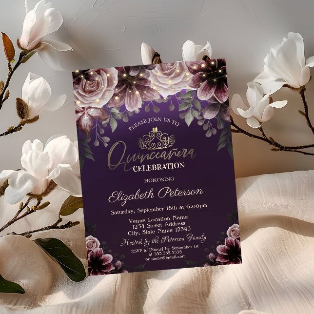 Invitation Diadème, Guirlandes de fleurs violettes Quinceañer (Créateur téléchargé)