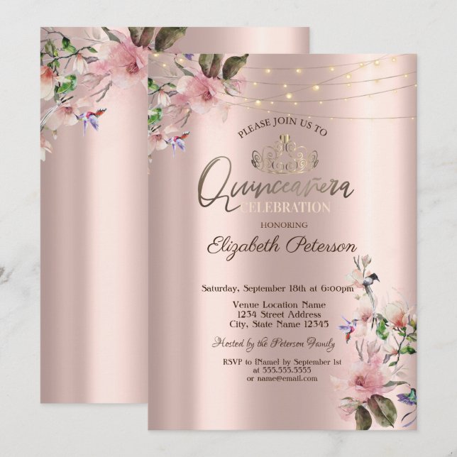 Invitation Diadème,Guirlandes Lumineuses Fleurs de Printemps  (Devant / Derrière)