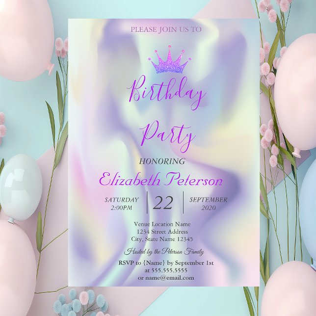 Invitation Diadème Pailleté Chic Holographique Fête d'Anniver (Créateur téléchargé)