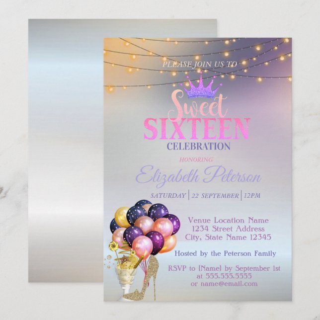 Invitation Diadème Pailleté, Cocktail, Fête Douce 16 Argent (Devant / Derrière)