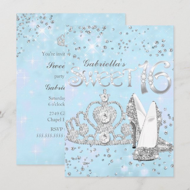 Invitation Diadème Paillettes Bleu Argent et Talons Invitatio (Devant / Derrière)